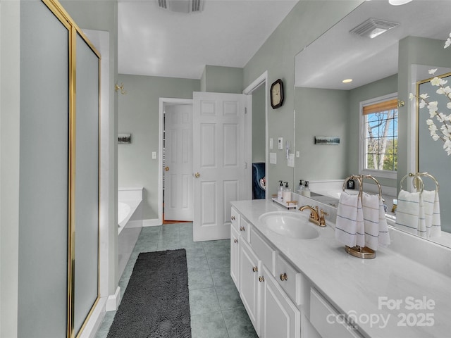 full bathroom with visible vents, vanity, a shower stall, tile patterned flooring, and a bath