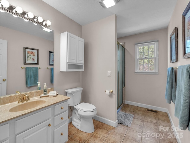 full bath featuring a stall shower, baseboards, visible vents, toilet, and vanity