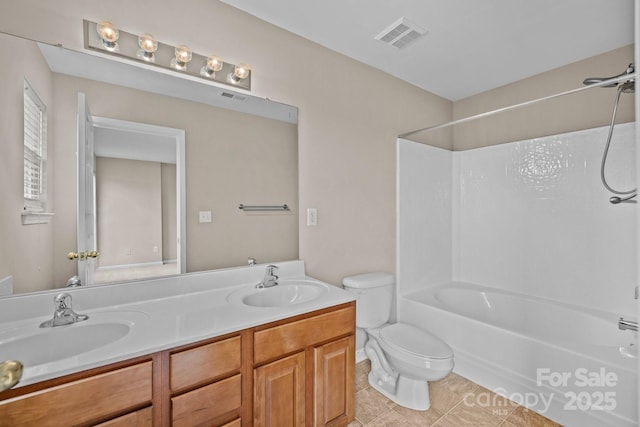 full bathroom featuring toilet, double vanity, visible vents, and a sink