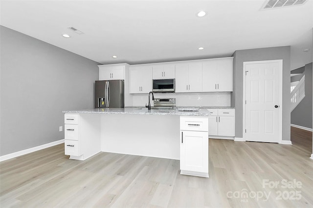 kitchen with a kitchen island with sink, appliances with stainless steel finishes, visible vents, and white cabinetry