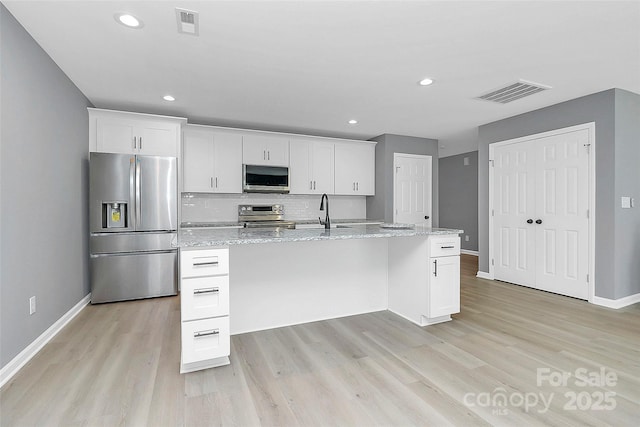 kitchen with white cabinets, visible vents, stainless steel appliances, and a sink