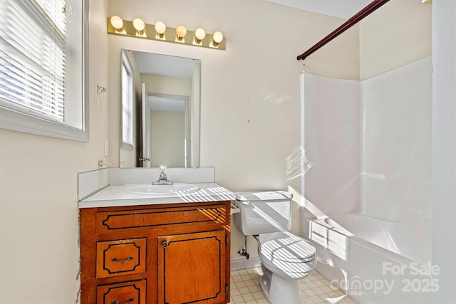 bathroom with bathing tub / shower combination, vanity, and toilet