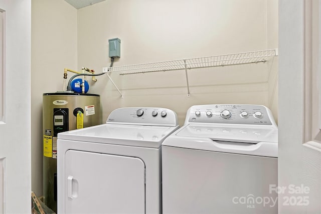 laundry room featuring laundry area, electric water heater, and washing machine and clothes dryer