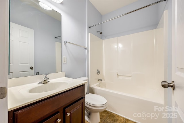 full bathroom featuring toilet,  shower combination, and vanity