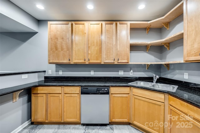 kitchen with open shelves, recessed lighting, a sink, dark stone counters, and dishwasher