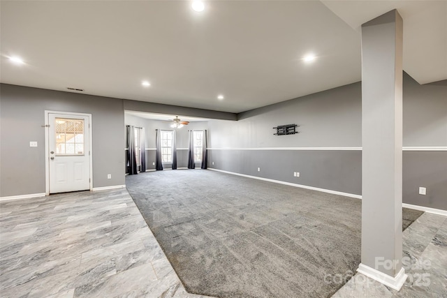 living room with carpet floors, recessed lighting, visible vents, ceiling fan, and baseboards