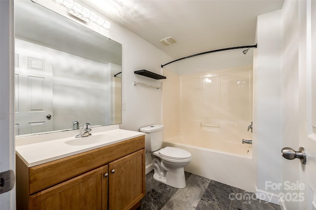 bathroom featuring shower / washtub combination, visible vents, vanity, and toilet