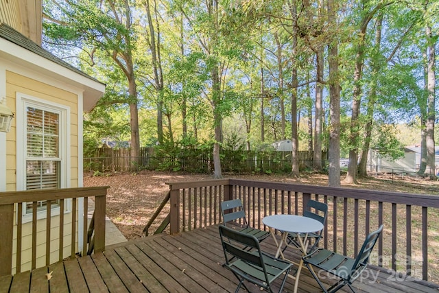 wooden deck with a fenced backyard