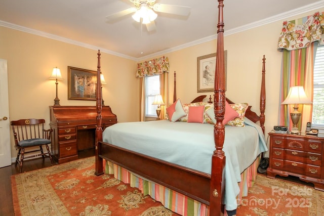 bedroom featuring wood finished floors, a ceiling fan, and ornamental molding