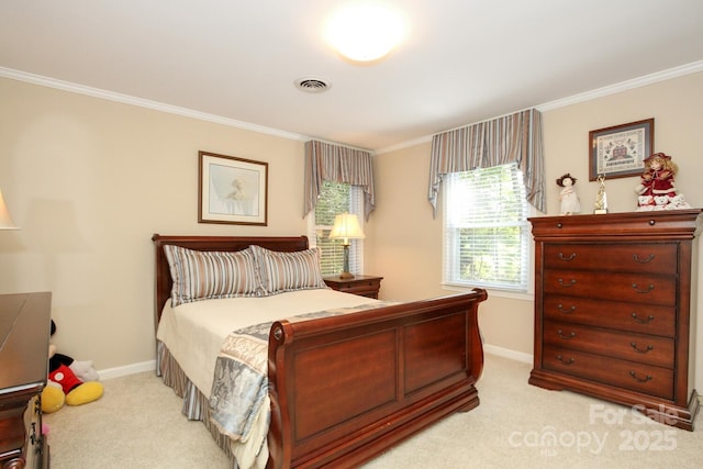 bedroom featuring ornamental molding, baseboards, visible vents, and light carpet