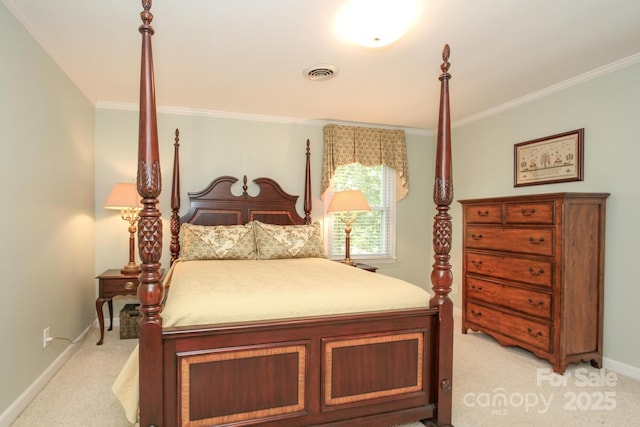 bedroom with visible vents, light carpet, baseboards, and crown molding