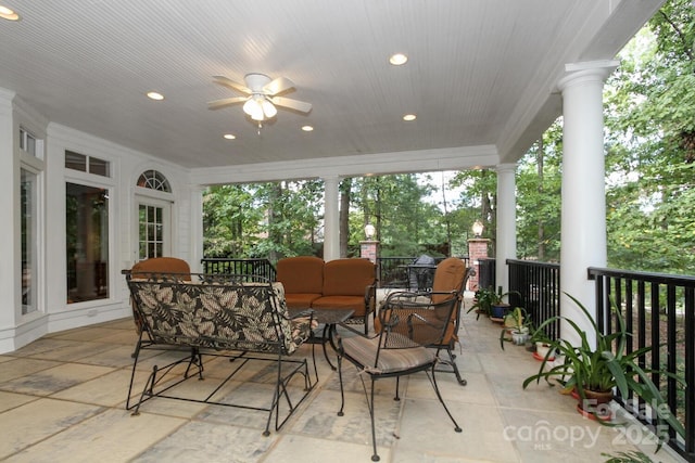 view of patio with an outdoor hangout area and a ceiling fan