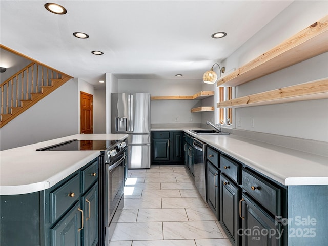 kitchen featuring stainless steel appliances, a sink, marble finish floor, light countertops, and open shelves