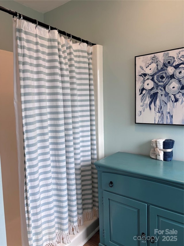 interior details with a shower with curtain