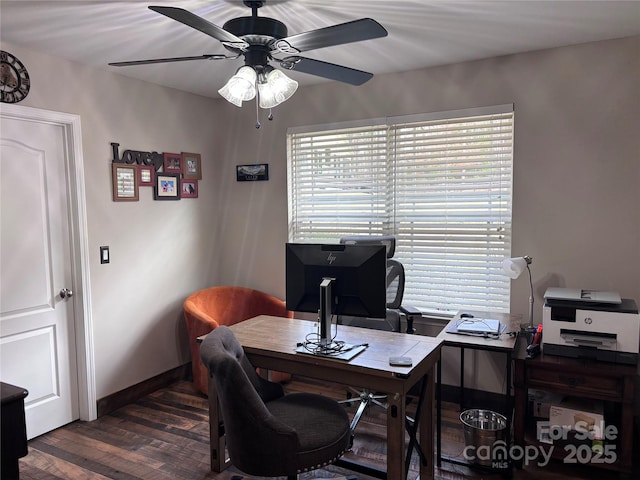 office featuring dark wood-style floors, ceiling fan, and baseboards