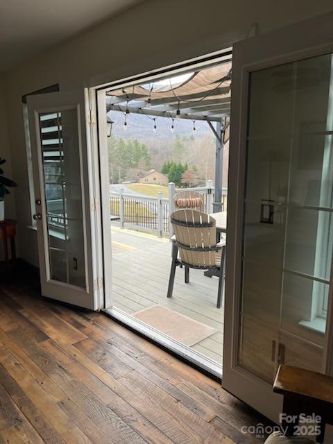 doorway featuring dark wood-type flooring