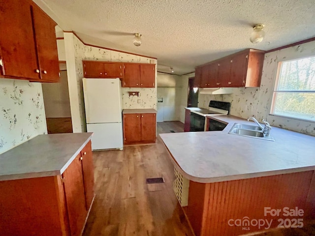 kitchen featuring light wood-type flooring, white appliances, a sink, and wallpapered walls