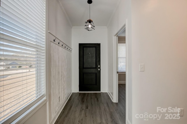 doorway featuring dark wood-style floors, baseboards, and crown molding