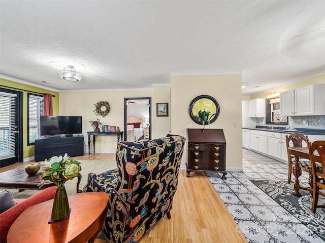 living area featuring light wood finished floors, a textured ceiling, baseboards, and crown molding