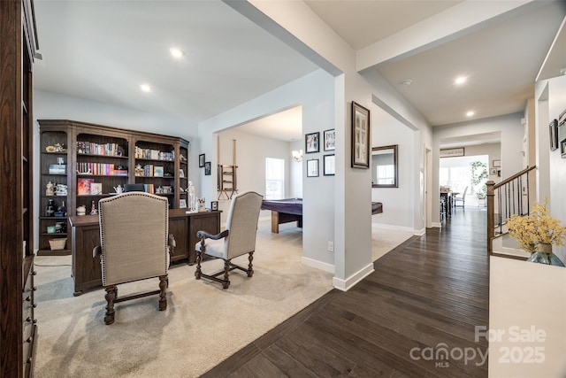 office area featuring plenty of natural light, baseboards, wood finished floors, and recessed lighting