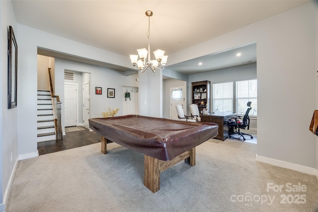 recreation room with carpet floors, pool table, recessed lighting, and baseboards