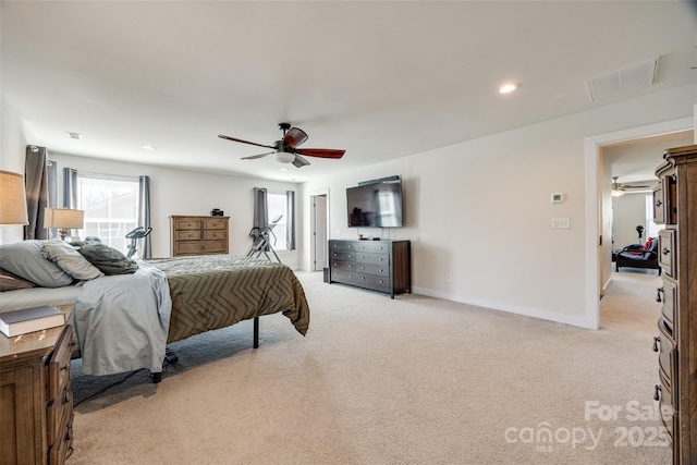 bedroom featuring recessed lighting, light colored carpet, a ceiling fan, baseboards, and visible vents