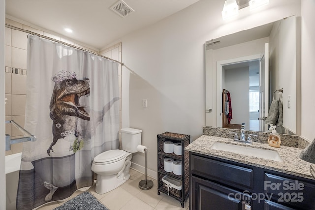 full bath with curtained shower, toilet, vanity, visible vents, and tile patterned floors