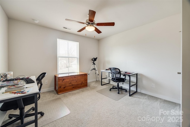 office area with ceiling fan, carpet, visible vents, and baseboards