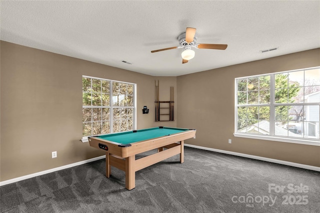 rec room with billiards, baseboards, and carpet flooring