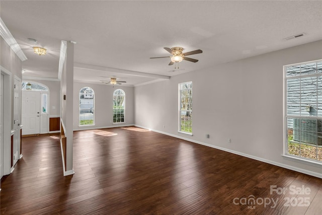 unfurnished living room with visible vents, dark wood finished floors, and baseboards