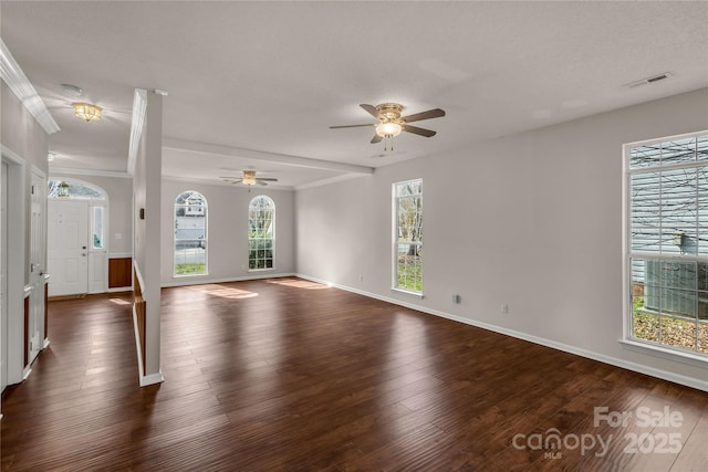 9138 Babbitt Way, Charlotte, NC 28216 - unfurnished living room featuring dark wood-type flooring, ceiling fan, and crown molding