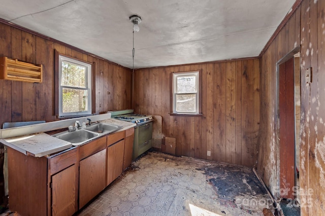 kitchen featuring a healthy amount of sunlight, gas range, wooden walls, and a sink