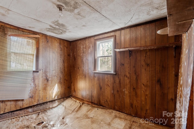 unfurnished room featuring wooden walls