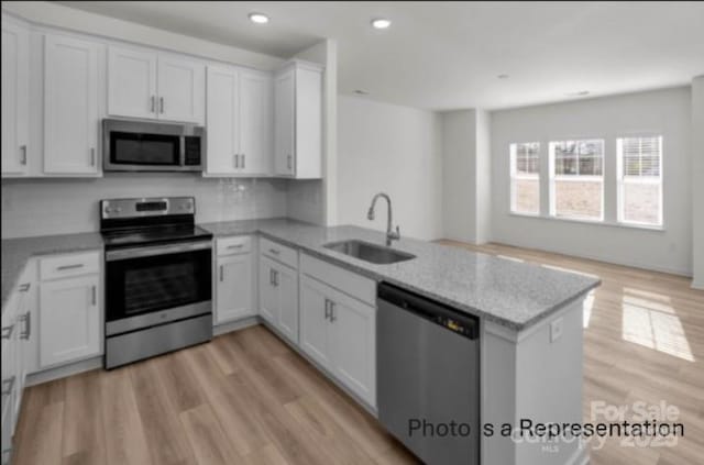 kitchen with light stone counters, a peninsula, a sink, white cabinets, and appliances with stainless steel finishes