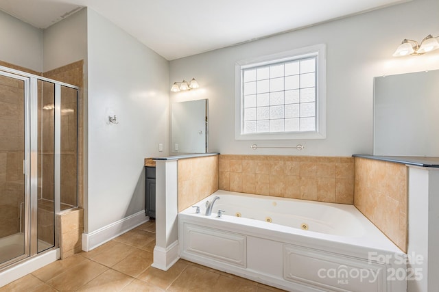 bathroom featuring baseboards, a whirlpool tub, tile patterned flooring, vanity, and a shower stall