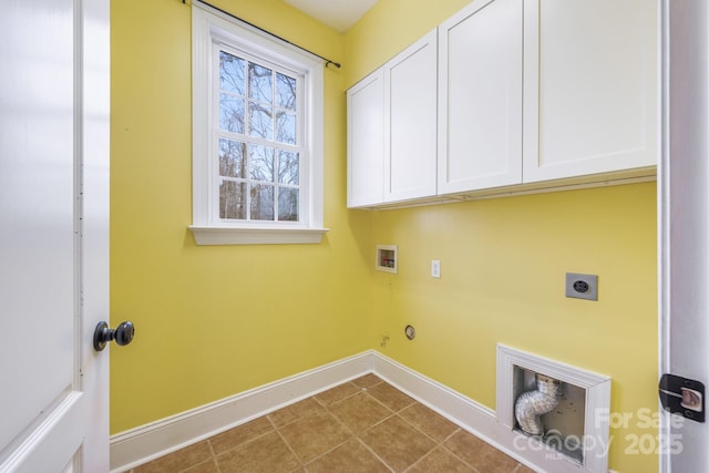 washroom featuring cabinet space, baseboards, hookup for a washing machine, tile patterned flooring, and hookup for an electric dryer