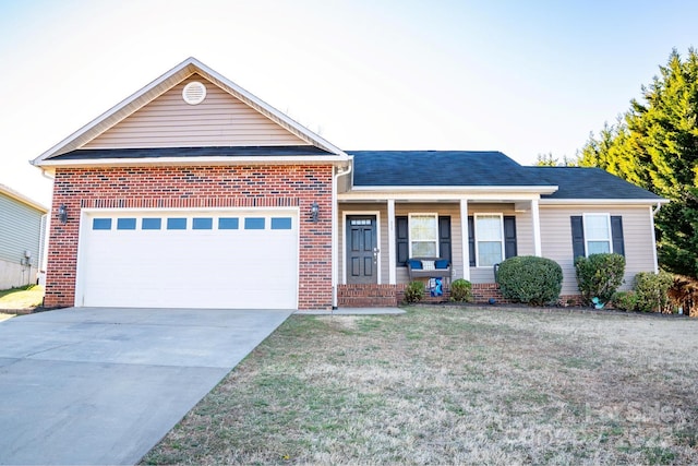 single story home with a garage, driveway, a front lawn, and brick siding