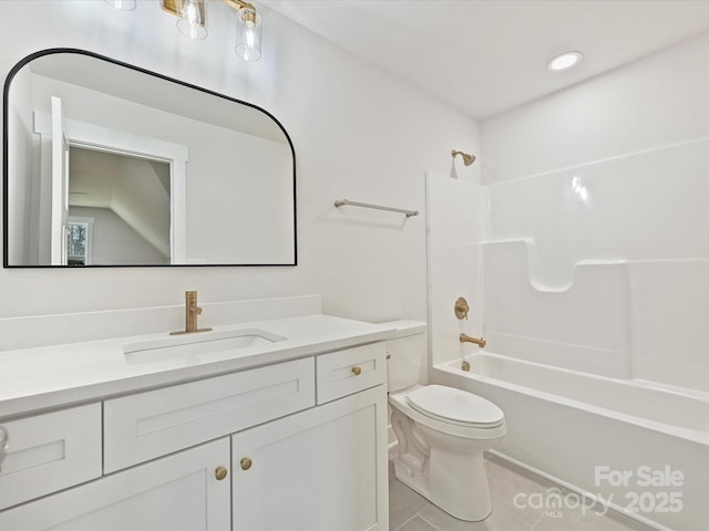 bathroom featuring shower / bath combination, toilet, tile patterned flooring, vanity, and recessed lighting