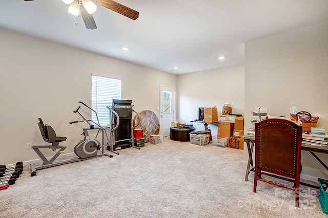 interior space featuring recessed lighting, baseboards, carpet, and ceiling fan