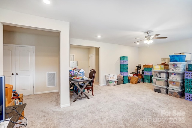 rec room featuring recessed lighting, visible vents, a ceiling fan, and carpet flooring