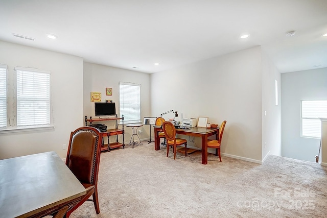 carpeted dining space featuring visible vents, recessed lighting, and baseboards