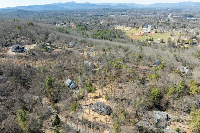 drone / aerial view featuring a mountain view and a view of trees