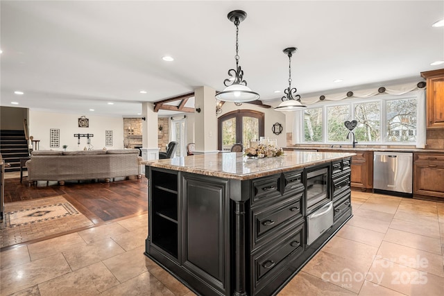 kitchen with a kitchen island, stainless steel dishwasher, dark cabinetry, brown cabinets, and open shelves