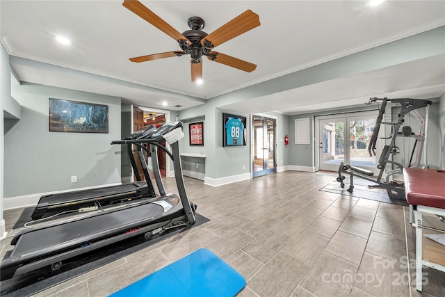 workout area with baseboards, a ceiling fan, ornamental molding, french doors, and recessed lighting