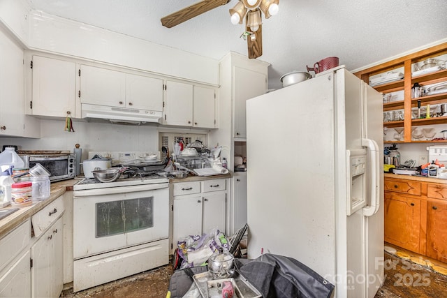 kitchen with white appliances, white cabinetry, under cabinet range hood, and a toaster