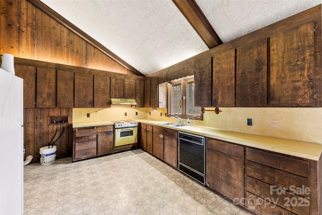 kitchen featuring lofted ceiling with beams, a sink, oven, dishwasher, and under cabinet range hood