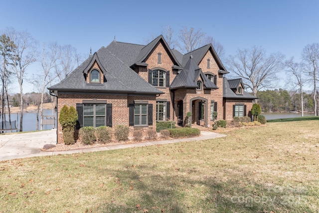 french country inspired facade featuring a water view, a shingled roof, a front yard, and brick siding