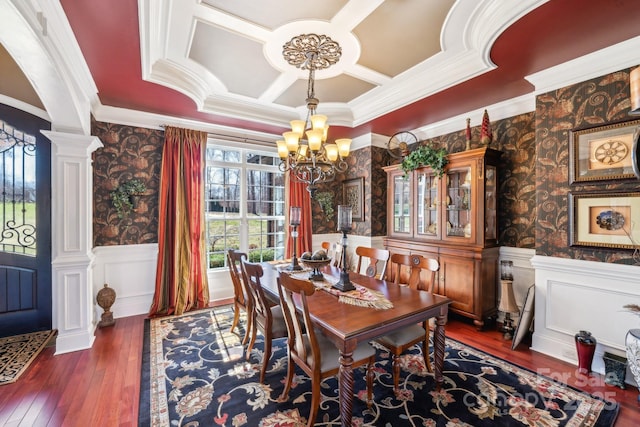 dining space featuring coffered ceiling, wainscoting, ornate columns, and wallpapered walls