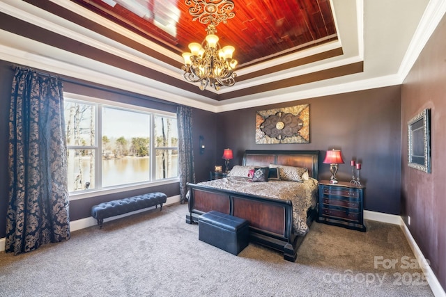 bedroom with a tray ceiling, wood ceiling, a notable chandelier, and baseboards