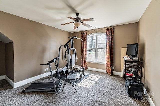 workout area featuring a ceiling fan, carpet floors, and baseboards